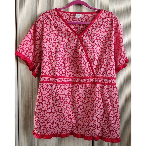 Barco Tops - Barco Juniors 2X Scrubs Top Uniform Red Floral Short Sleeve Cotton Blend EUC